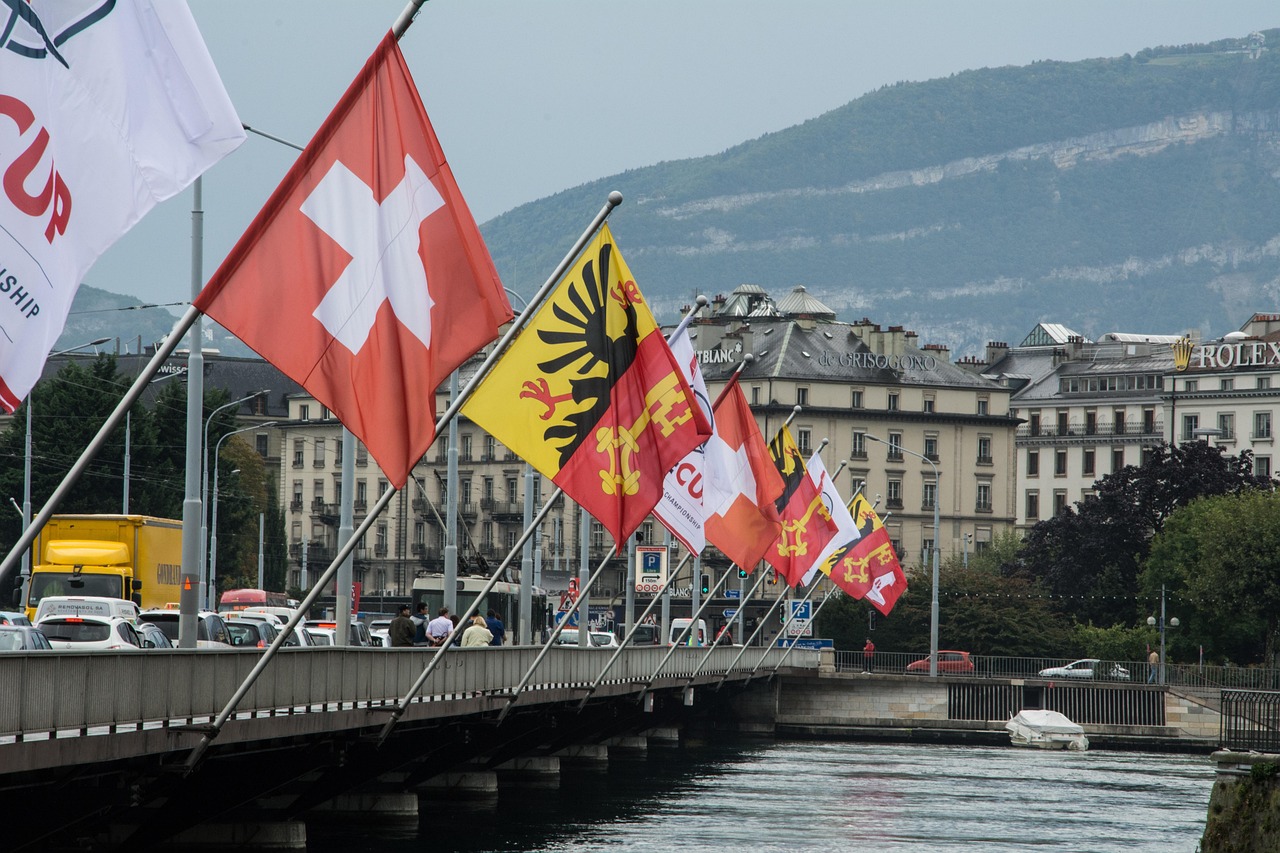flags, switzerland, nature, geneva, flag, flutter, flagpoles, water